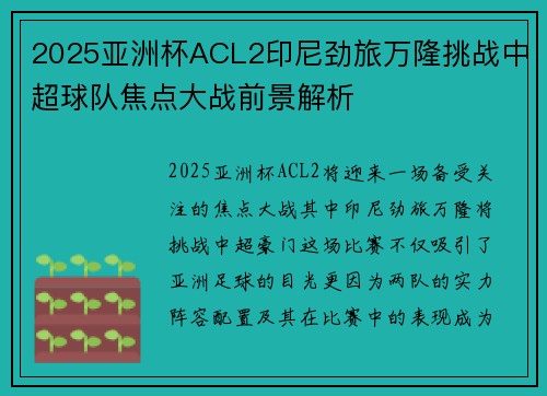 2025亚洲杯ACL2印尼劲旅万隆挑战中超球队焦点大战前景解析